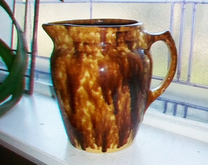 Large Yellowware Pitcher Brown Rockingham Glaze Antique Circa Late 1800s