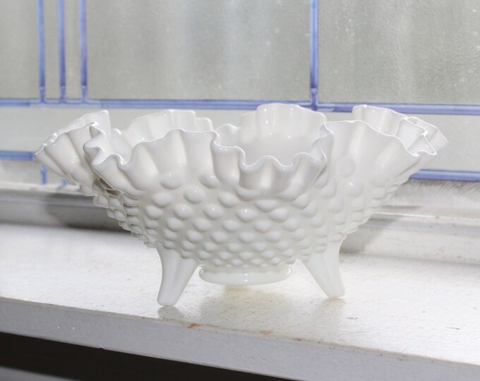 Fenton Milk Glass Hobnail Triple Footed Candy Dish Ruffled Rim Vintage 1970s