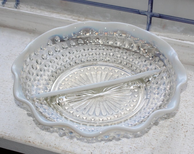 Moonstone Divided Relish Bowl Opalescent Hobnail Anchor Hocking Vintage 1940s