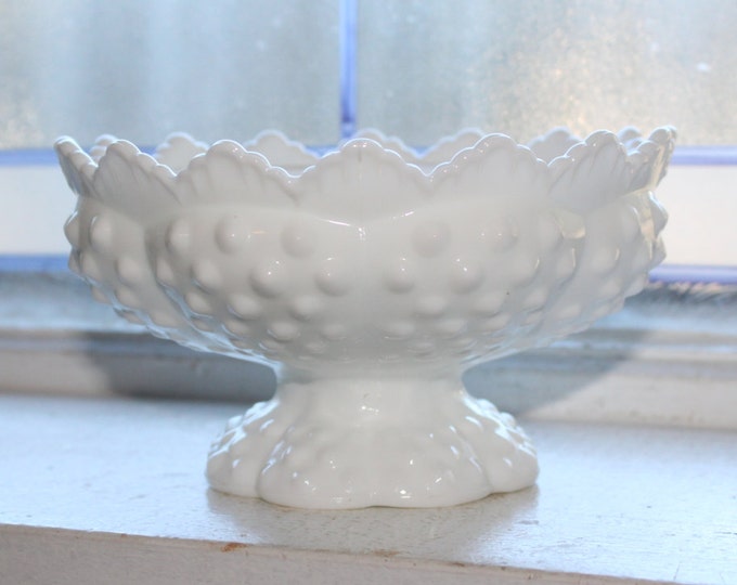 Vintage Fenton Milk Glass Hobnail Candle Holder Pedestal Dish Candlestick Holder