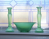 Fenton Stretch Glass Console Set Bowl and Candlesticks Green Iridescent Vintage 1920s