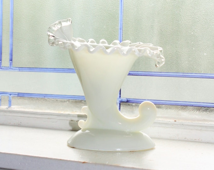 Fenton Glass Silver Crest Cornucopia Candle Holder Silvercrest Milk Glass Vintage 1960s