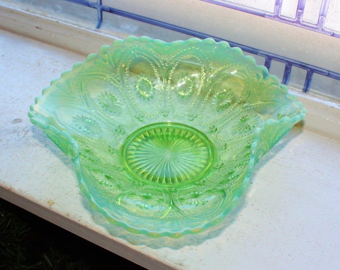 Vintage Green Opalescent Candy Dish Ruffled Rim Pressed Glass