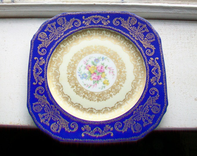 Gorgeous Czech Puls Plate Cobalt Blue and Gold with Roses Vintage 1960s