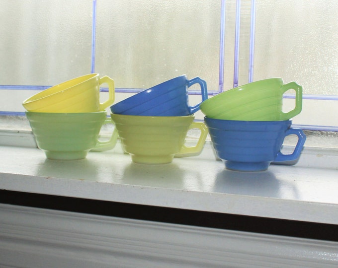 6 Vintage Moderntone Coffee Cups Platonite 1940s Depression Glass Blue Green Yellow