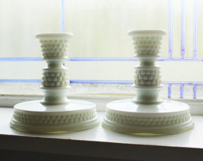 Milk Glass Hobnail Candlestick Holders Pair Vintage Candle Holders