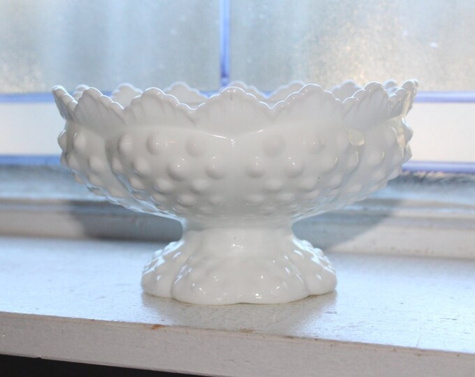 Vintage Fenton Milk Glass Hobnail Candle Holder Pedestal Dish Candlestick Holder