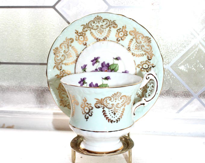 Paragon Tea Cup and Saucer Purple Violets Green with Gold Trim