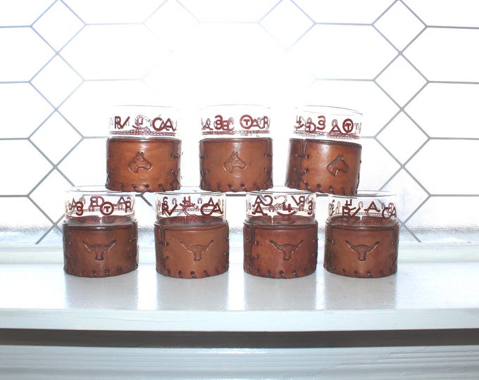 7 Vintage Libbey Bamco Western Lowball Rocks Glasses w/ Tooled Leather Sleeves