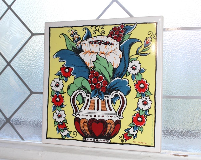 Vintage 1971 Swedish Folk Art Trivet Tile Berggren