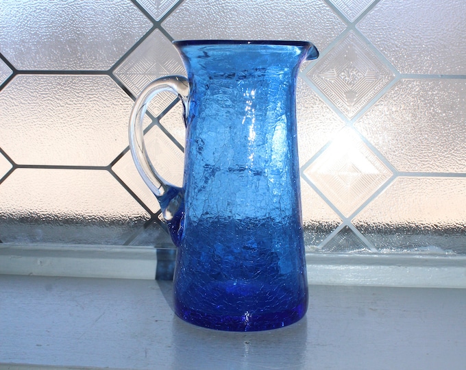 Vintage Blue Crackle Glass Pitcher Mid Century Barware