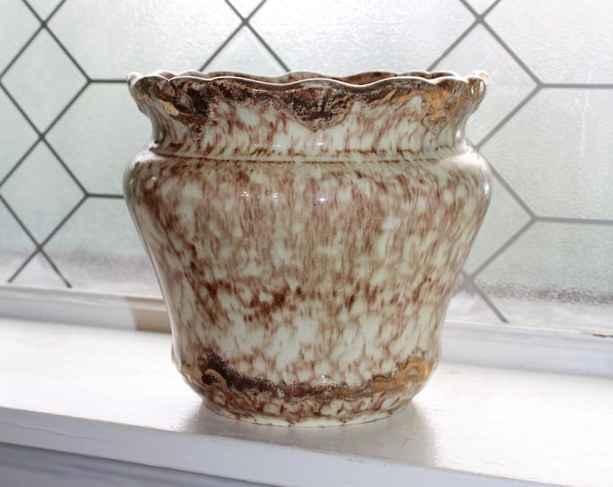 Antique Victorian Pottery Jardiniere Mottled Brown Spongeware with Gold Trim