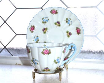 Tazza e piattino vintage Shelley Rose Pansy Forget Me Not 13424 con bordo blu