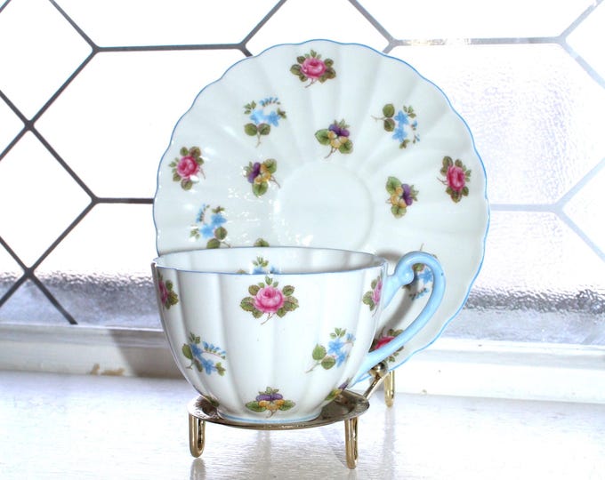 Vintage Shelley Rose Pansy Forget Me Not Tea Cup and Saucer 13424 Blue Trim
