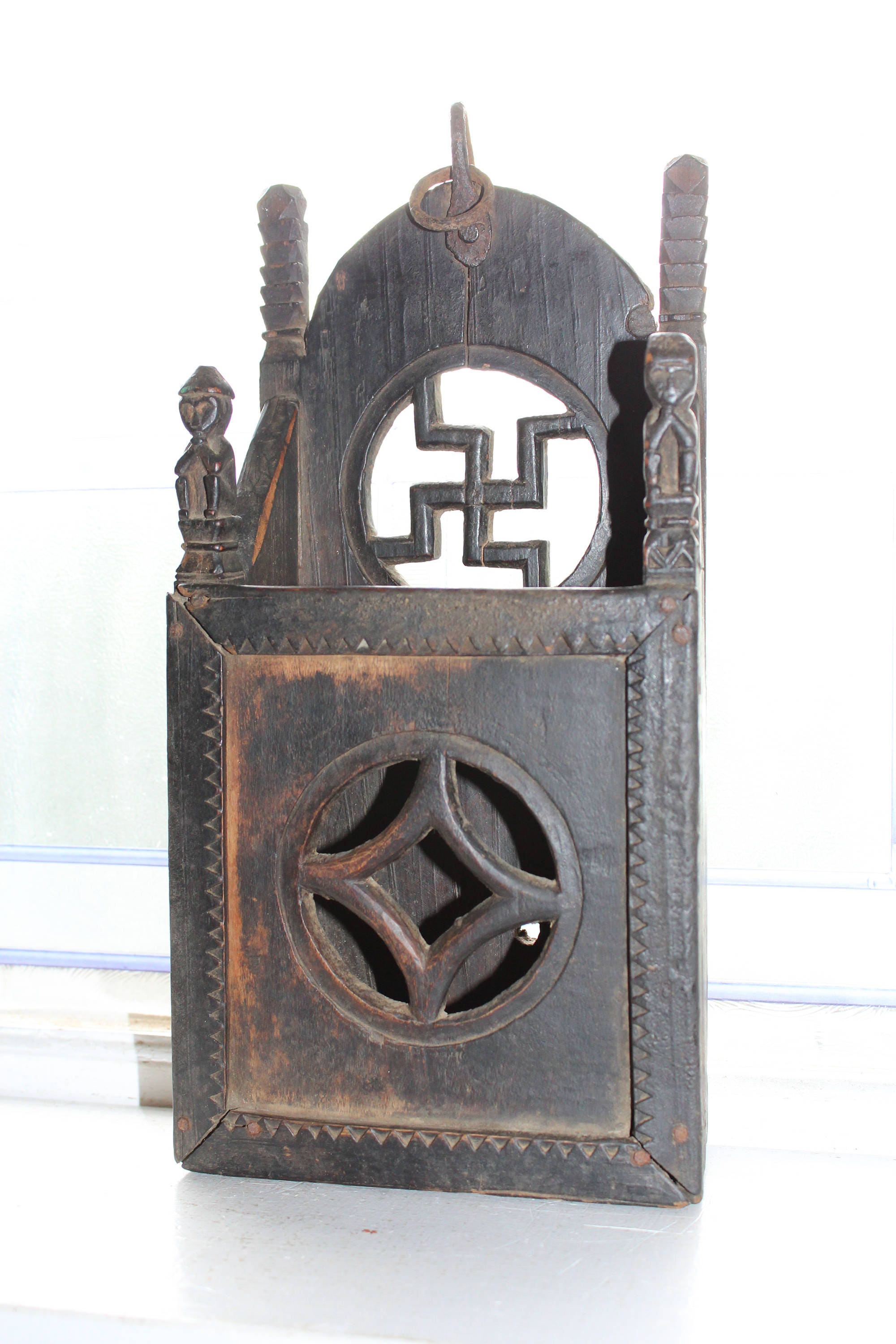 Antique Scandinavian Folk Art Wall Box w/ Figural People Finials 1800s