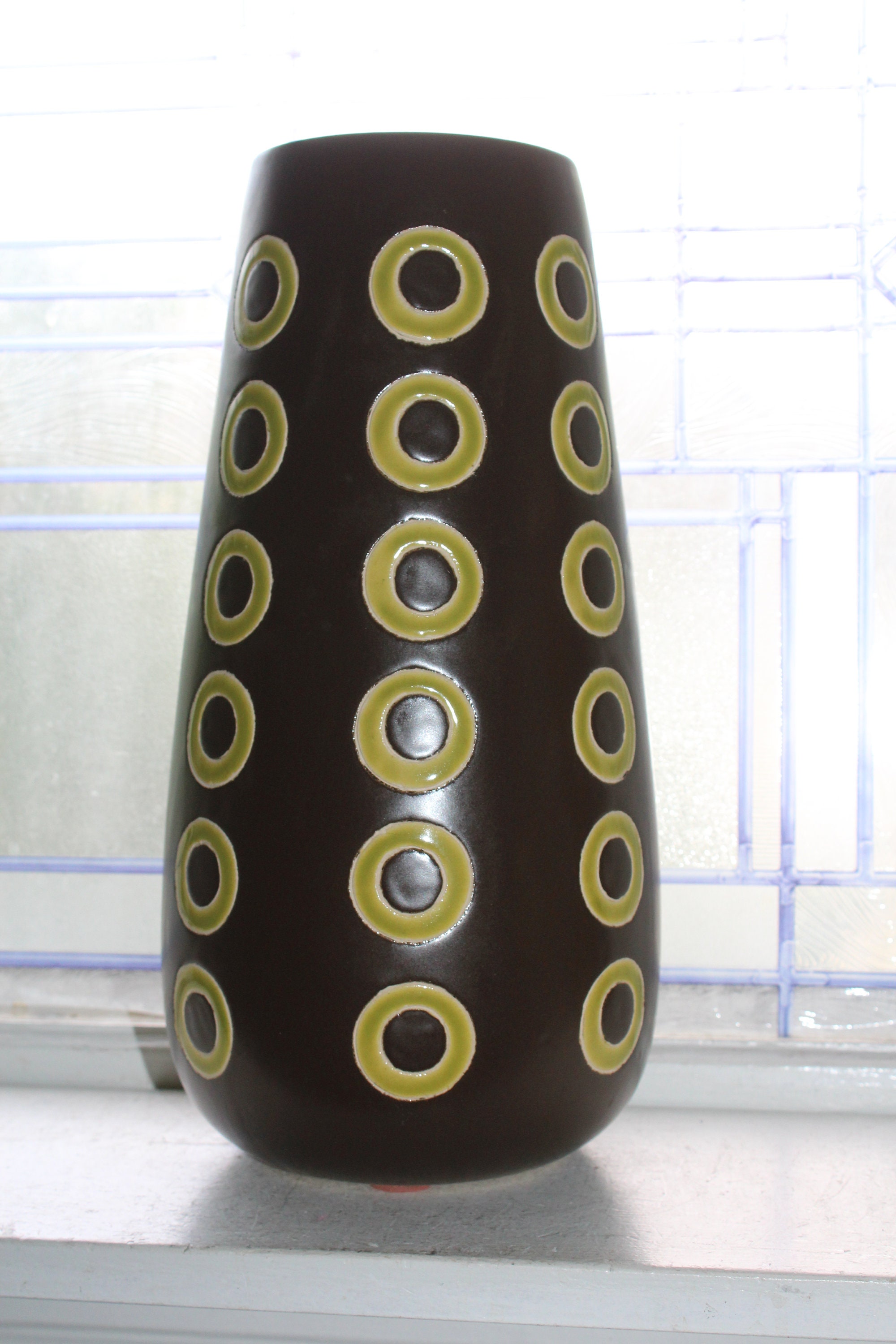Large Mid Century Modern Pottery Vase Brown with Green Circles