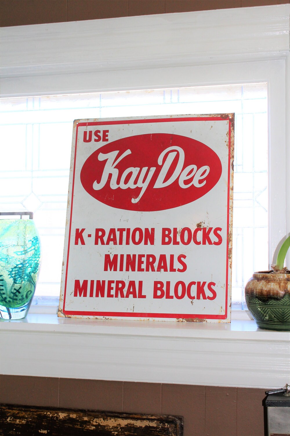 Vintage Tin Farm Sign Kay Dee K Ration Blocks Red and White