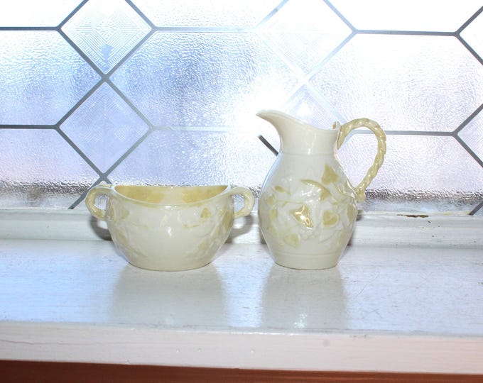 Vintage Belleek Ivy Yellow Creamer and Sugar Bowl 3rd Black Mark