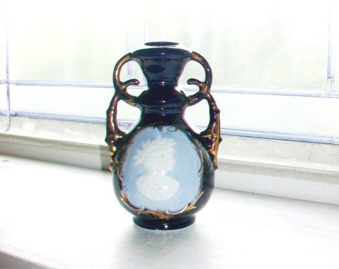 Vintage Blue Cameo Vase Royal Blue Medallion Germany 1910s