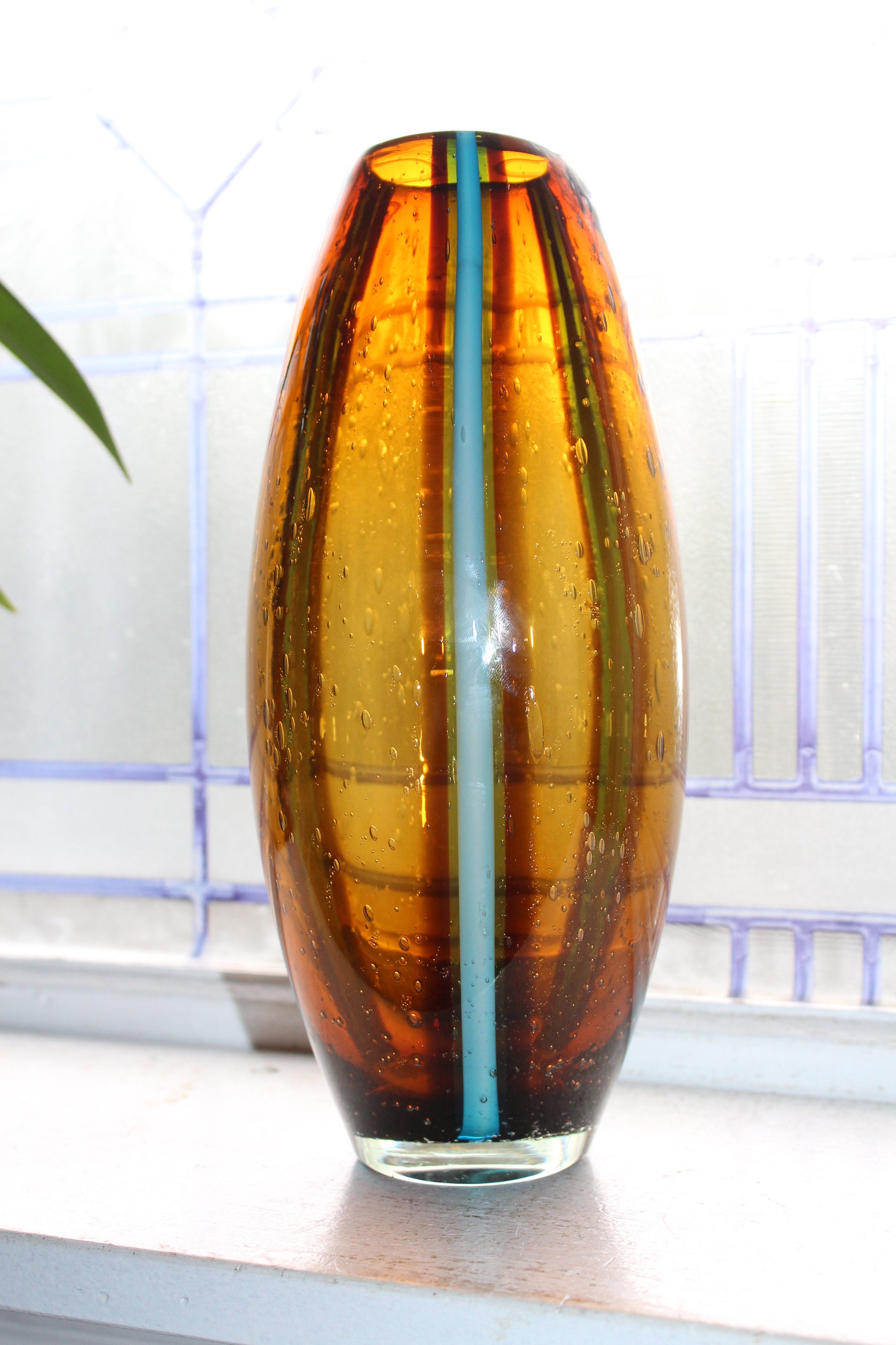 Large Amber Glass Vase Turquoise Stripes Vintage Art Glass 12.75