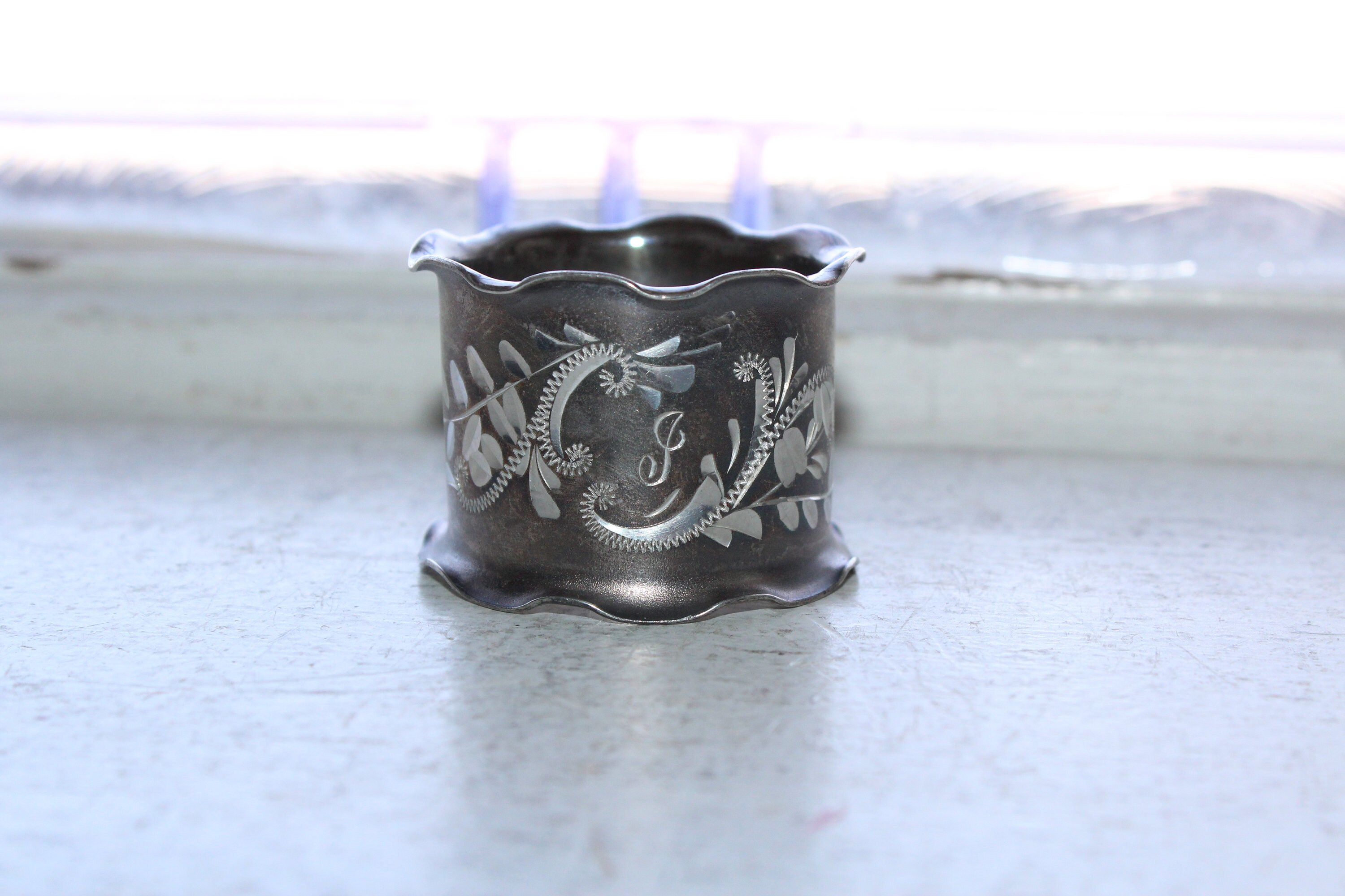 Antique Victorian Silverplate Napkin Ring Engraved Monogram J