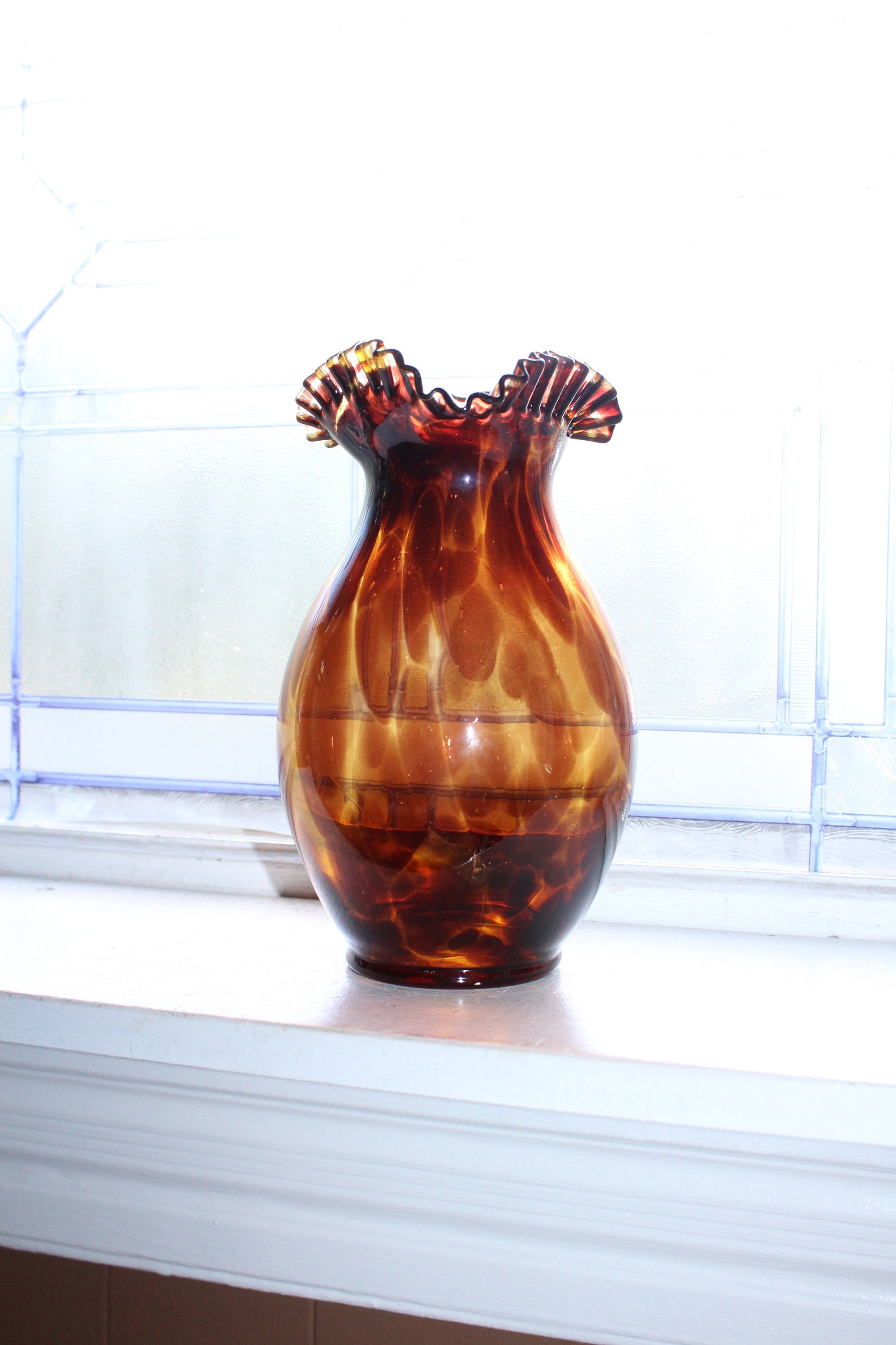 Vintage Tortoise Shell Art Glass Vase with Crimped Rim