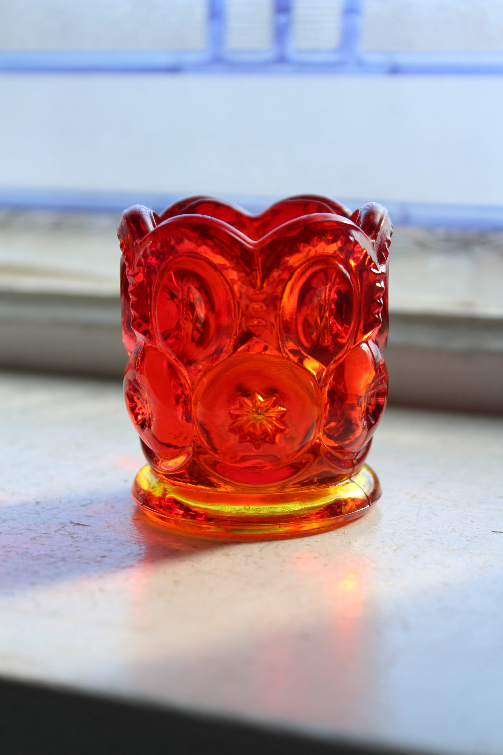 Vintage Amberina Glass Toothpick Holder Red Moon and Star Pattern