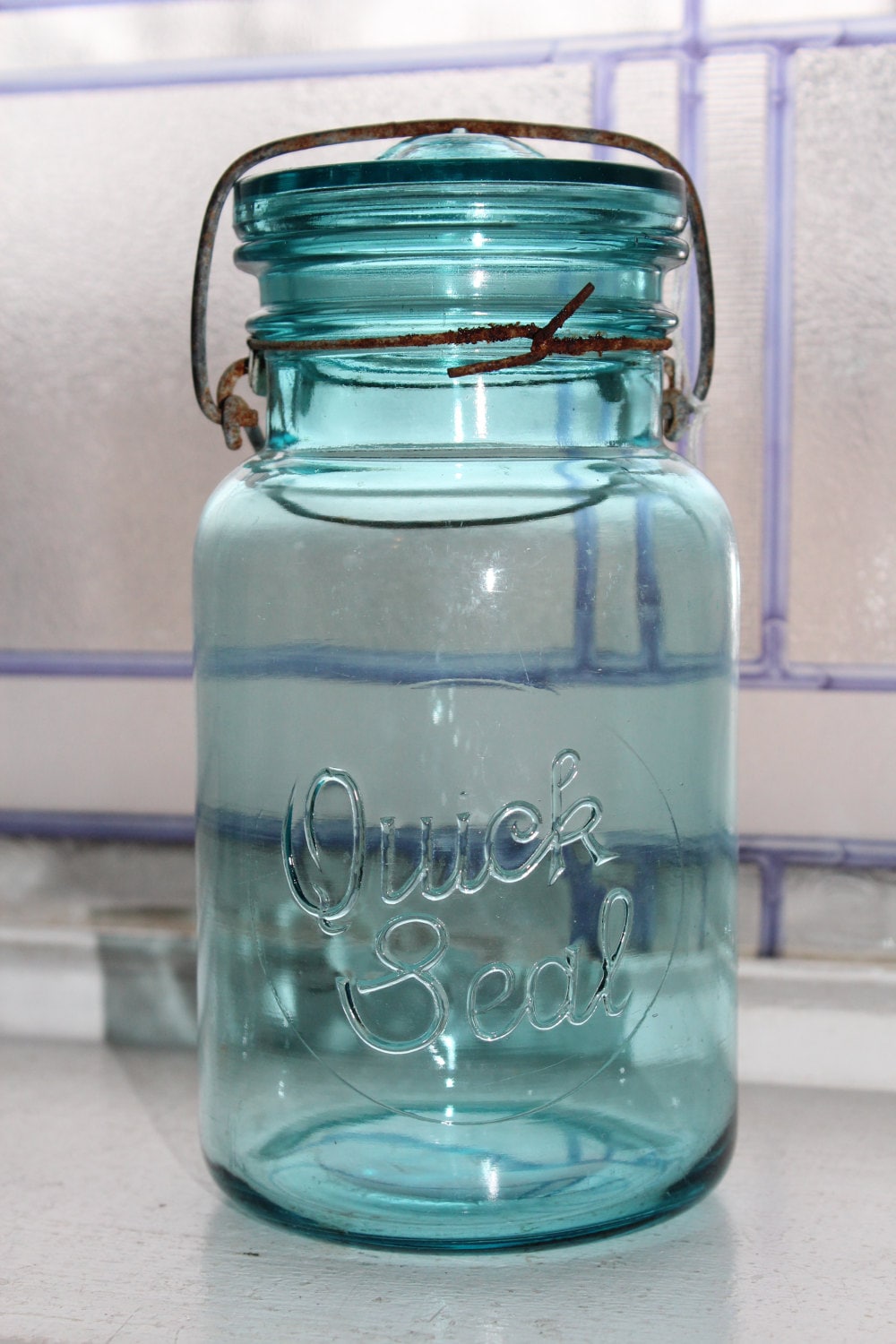 Blue Quick Seal Jar Quart Mason Jar Vintage 1920s Glass Lid Wire Closure