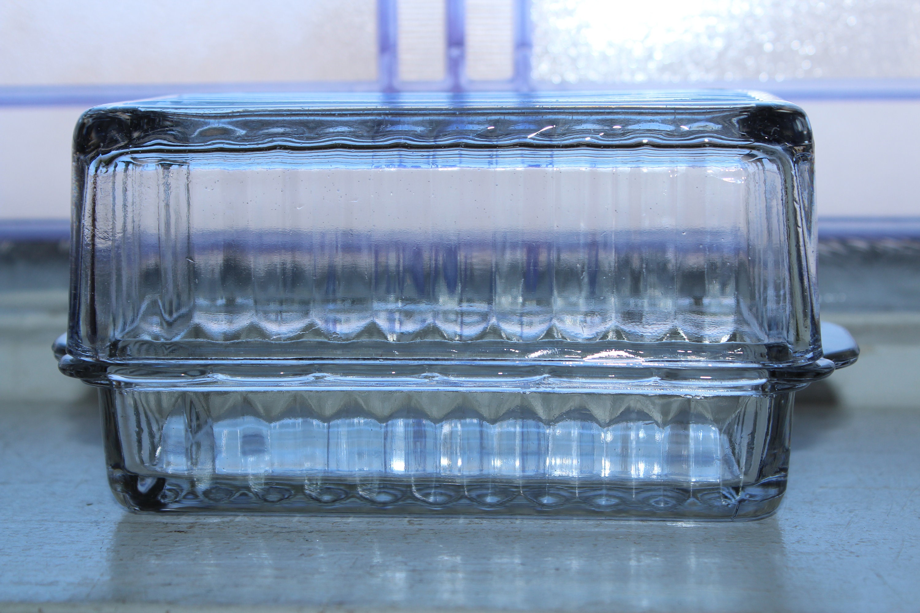 Clear Glass Butter Dish Ribbed Design Vintage 1960s