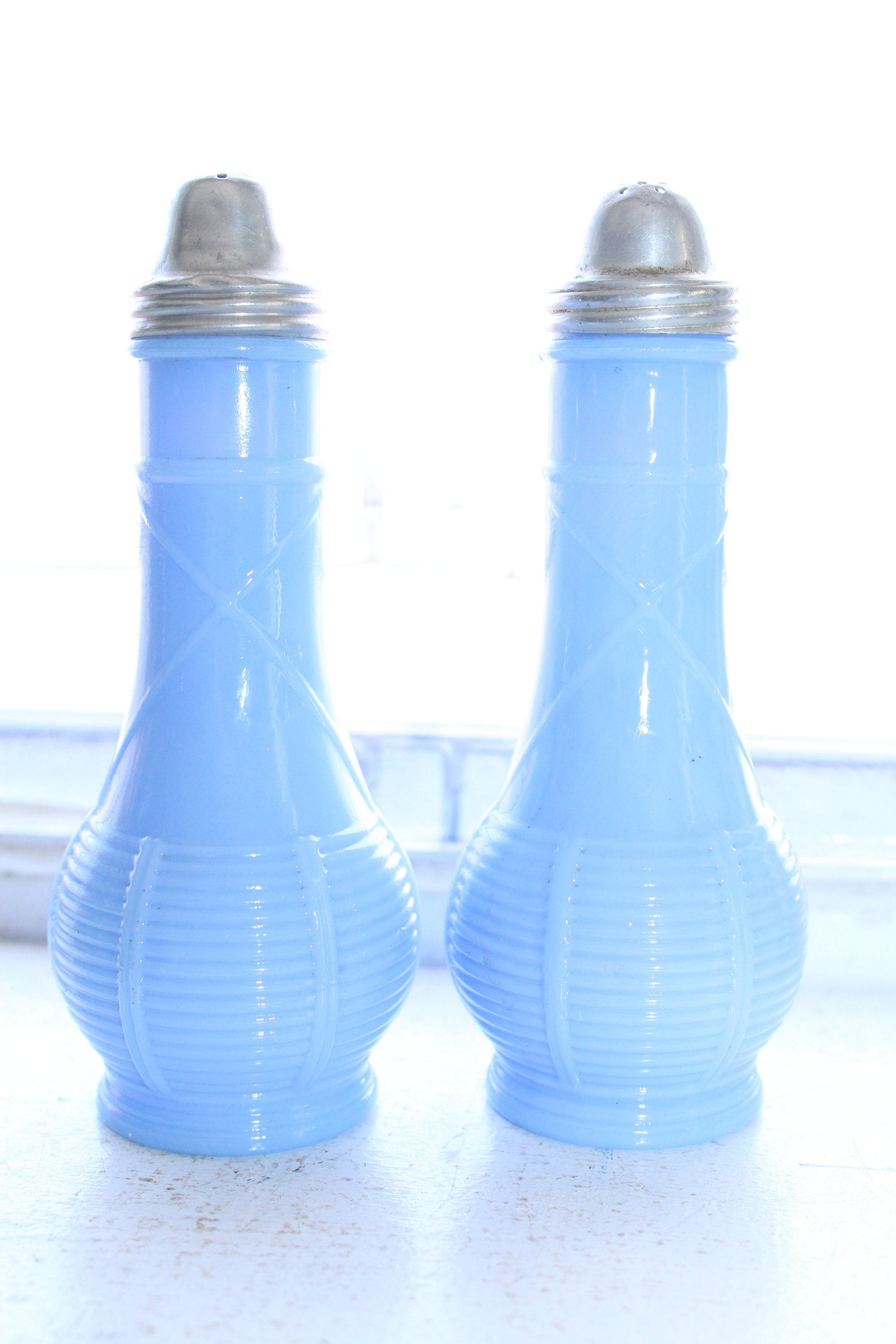 Blue Depression Glass Salt and Pepper Shakers 1930s Delphite