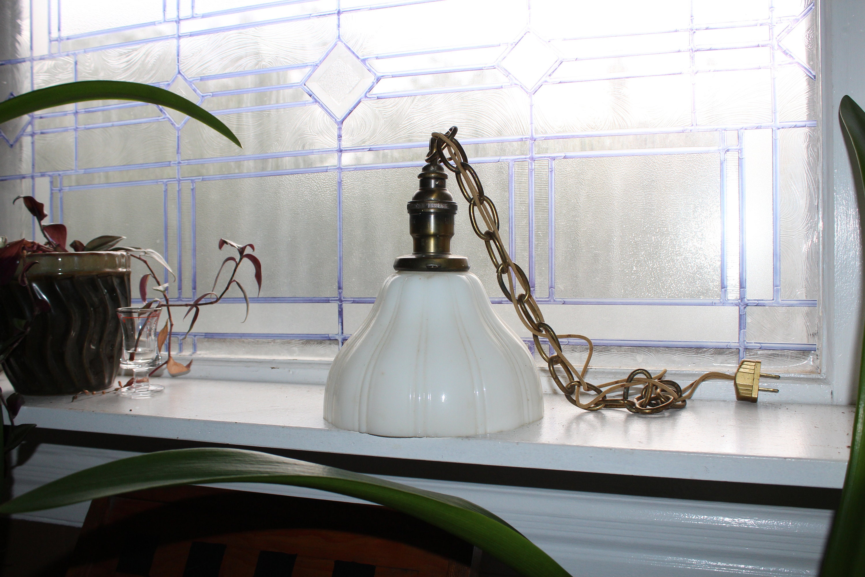 Vintage 30s Hanging Pendant Light Fixture with Ribbed Milk Glass Shade