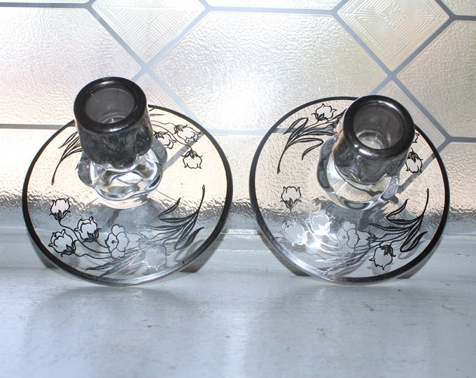 Duncan & Miller Silver and Glass Taper Candle Holders Pair
