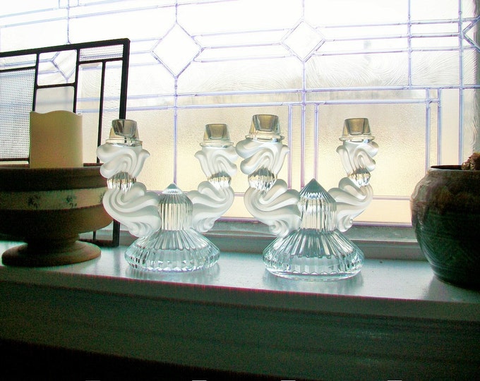 Art Deco Glass Candle Holder Pair with Satin Glass Arms