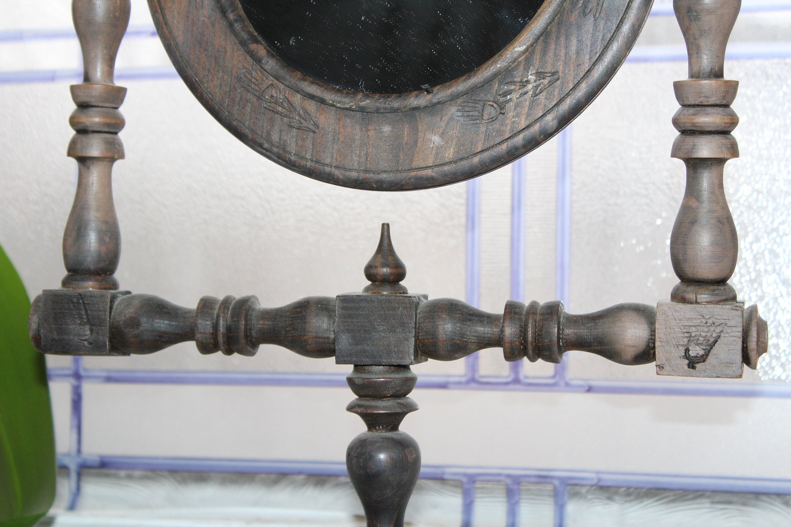 Antique Shaving Mirror Chip Carved Wood