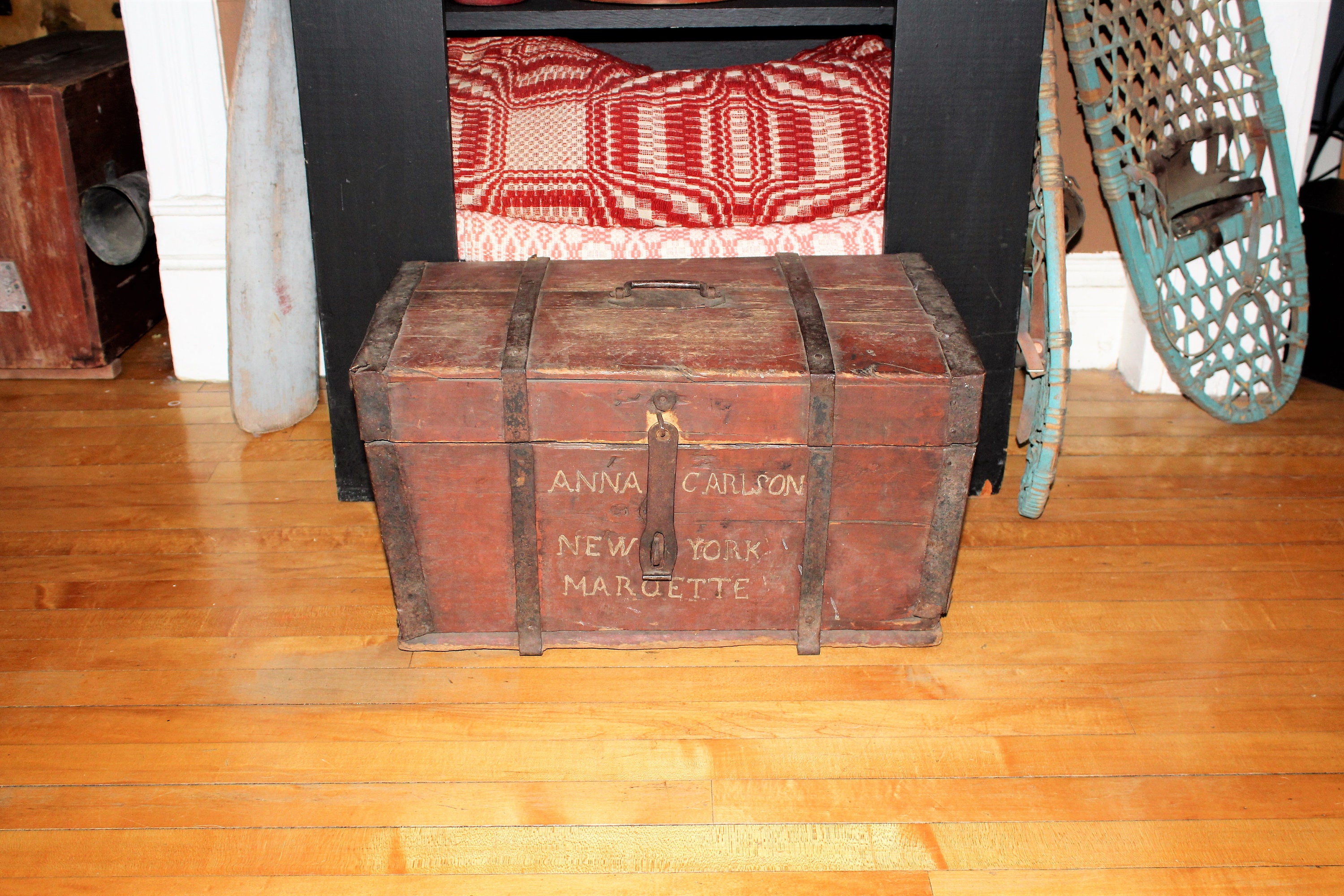 Antique 1800s Wood Trunk Immigrant Chest Original Red Paint New York
