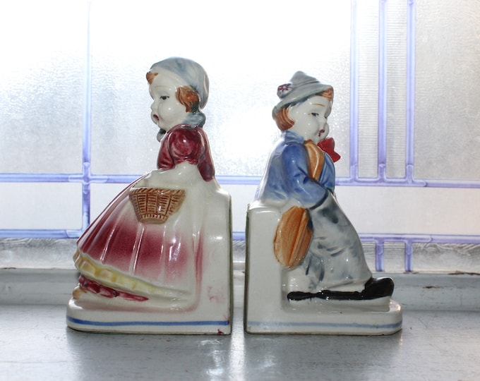 Vintage German Boy and Girl Bookends Pair