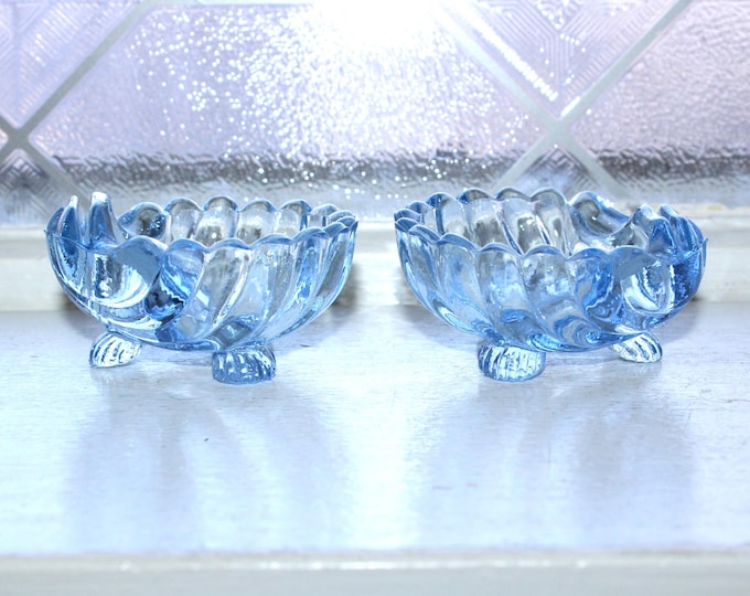 2 Vintage Cambridge Glass Blue Caprice Dolphin Footed Ashtrays