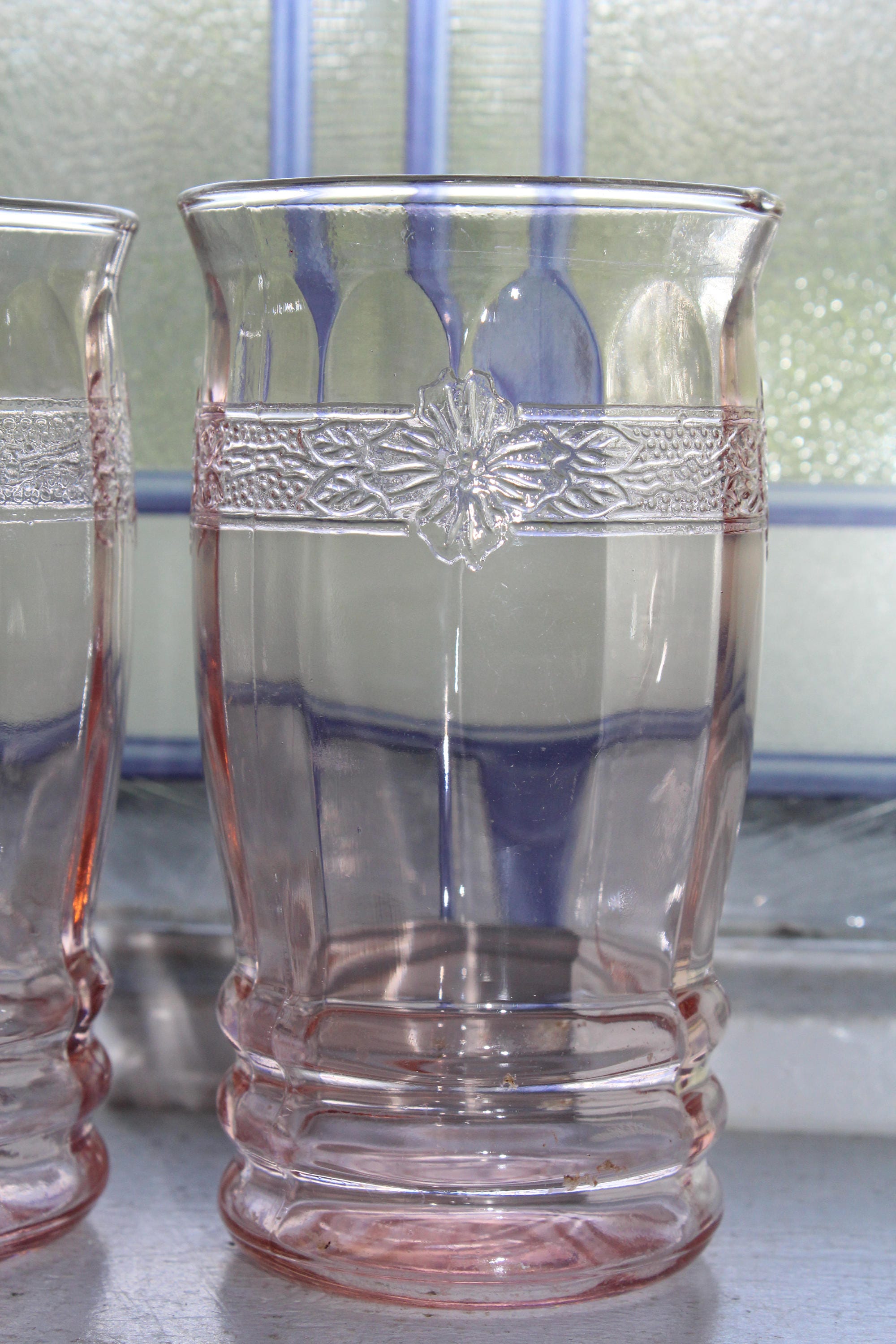3 Pink Depression Glass Tumblers Stippled Rose Band Vintage 1930s