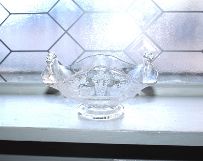 Cambridge Glass Rose Point Footed Basket Bowl with Handles Vintage 1940s