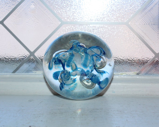 Vintage Art Glass Paperweight Blue and Clear with Suspended Bubbles