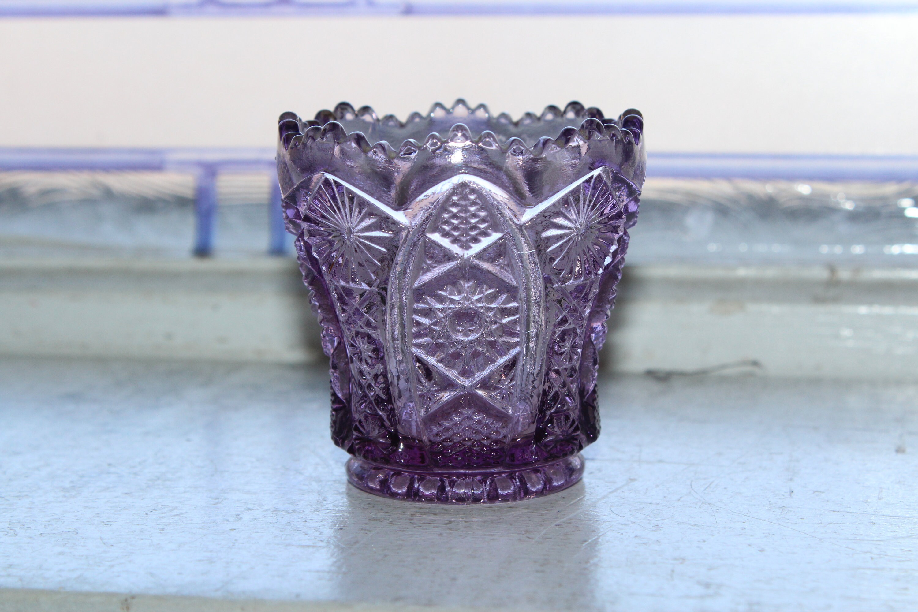 Imperial Glass Amethyst Toothpick Holder Sawtooth Daisy and Button