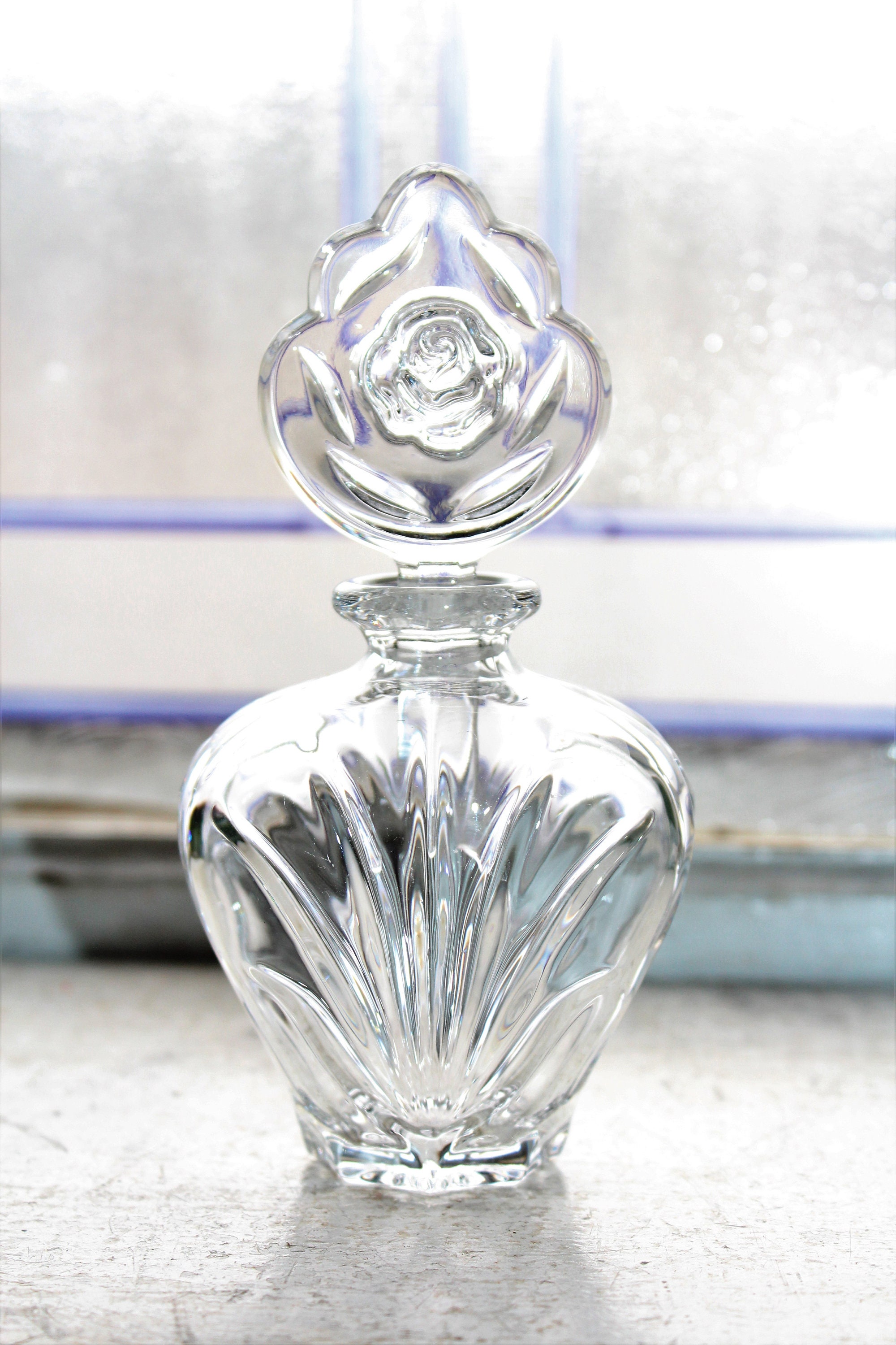 Vintage Crystal Perfume Bottle with Rose Finial