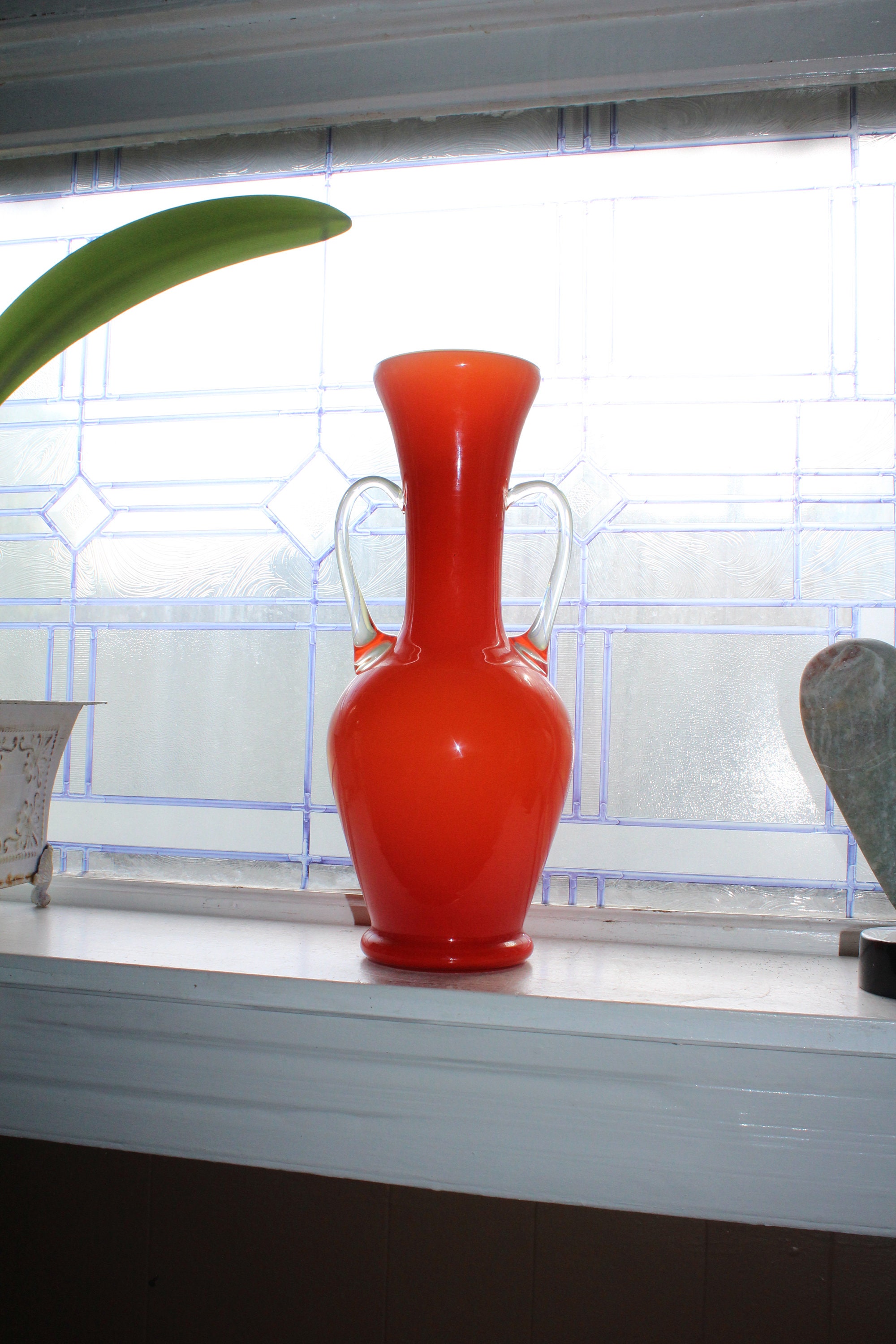 Vintage Italian Empoli Vase Orange Cased Glass Large with Handles 15