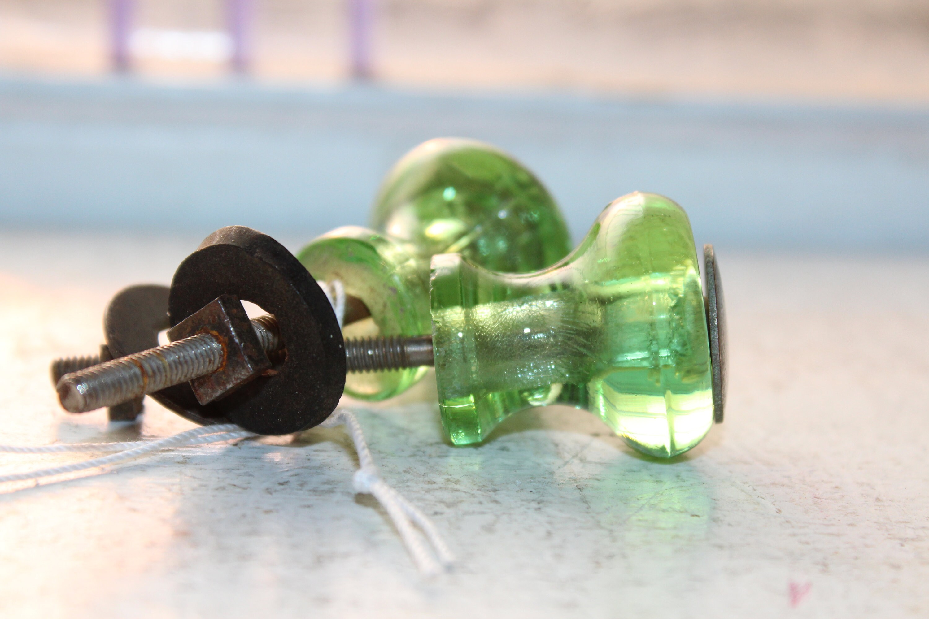 2 Green Depression Glass Drawer Knobs Vintage 1930s