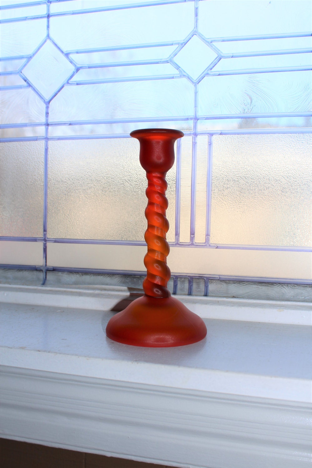 Tiffin Orange Satin Glass Spiral Candlestick Holder Vintage 1920s