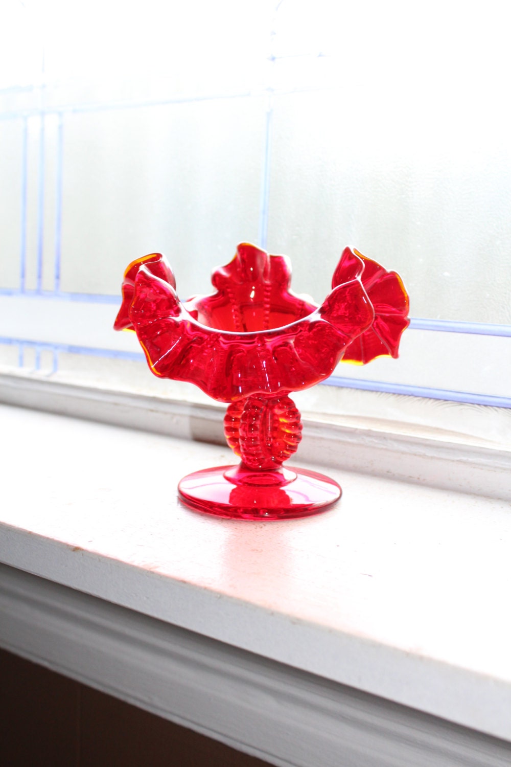 Vintage Red Glass Stemmed Candle Holder Ruffled Rim