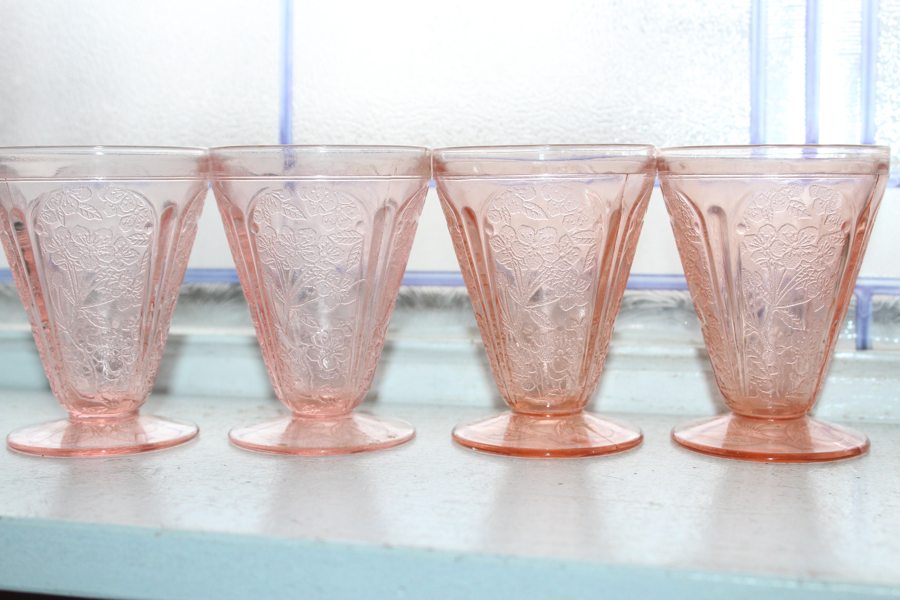 4 Pink Depression Glass Footed Juice Tumblers Cherry Blossom 1930s