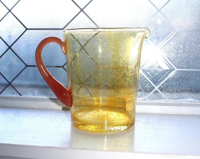 Vintage Yellow Art Glass Glass Pitcher with Suspended Bubbles and Applied Handle