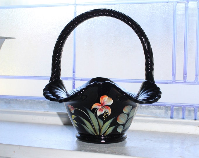 Fenton Glass Black Basket Hand Painted