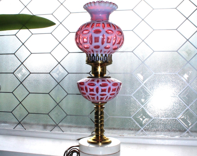 Rare Fenton Cranberry Opalescent Glass Lamp Wedding Ring with Marble Base
